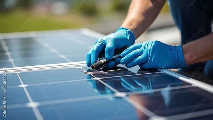 solar panels on a green field Stock Photo